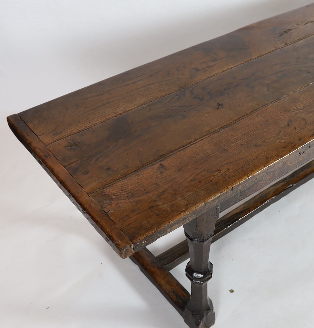 A Charles I oak refectory table, c.1630, 253 x 77cm, height 79cm